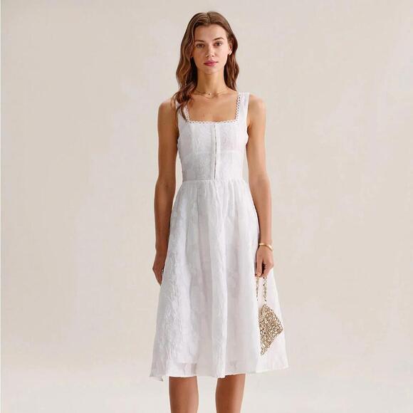 RIHOAS White Jacquard Shirred Slip Midi Dress XS - Picture 1 of 6